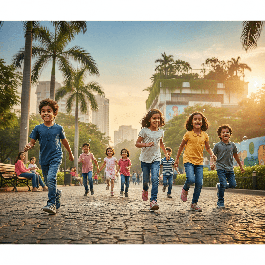 Joyful children and family adventuring in a vibrant park, representing trust and clear agreements at Firki