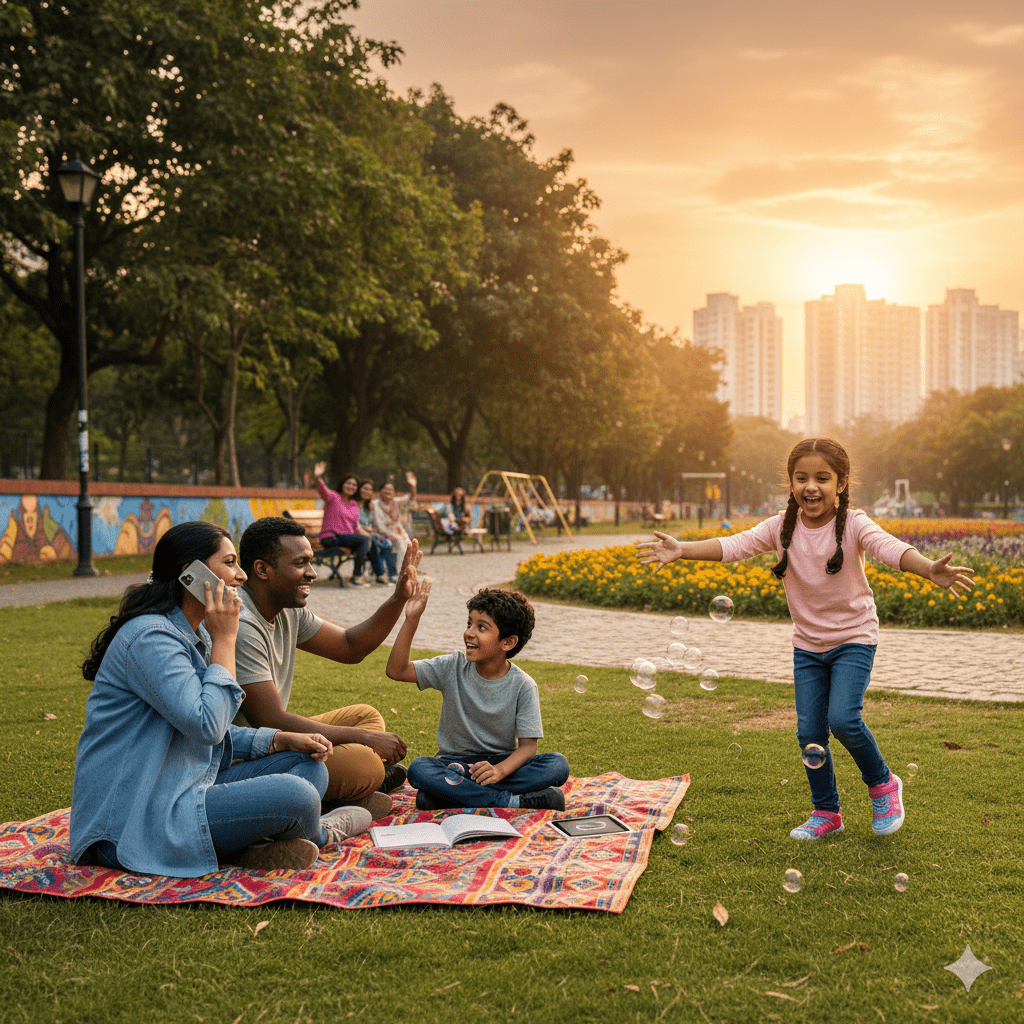 Diverse family bonding in a sunlit urban park at golden hour, chasing bubbles, high-fiving, and connecting joyfully while wearing Firki shoes