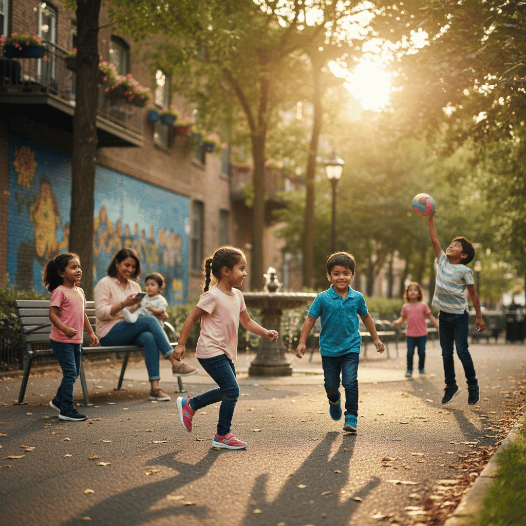 Kids engaging in active play with family in a city park, wearing Firki footwear