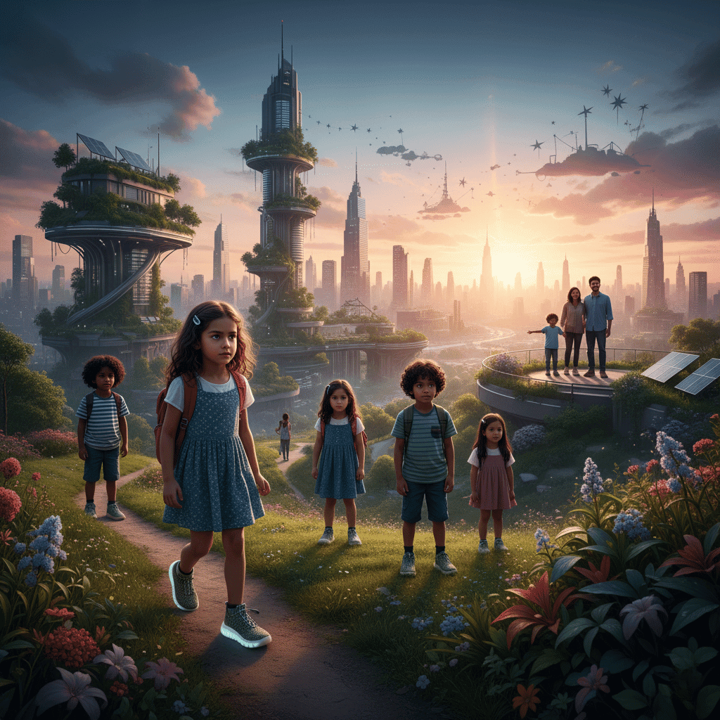 Visionary scene of children adventuring in a sustainable future city with Firki shoes